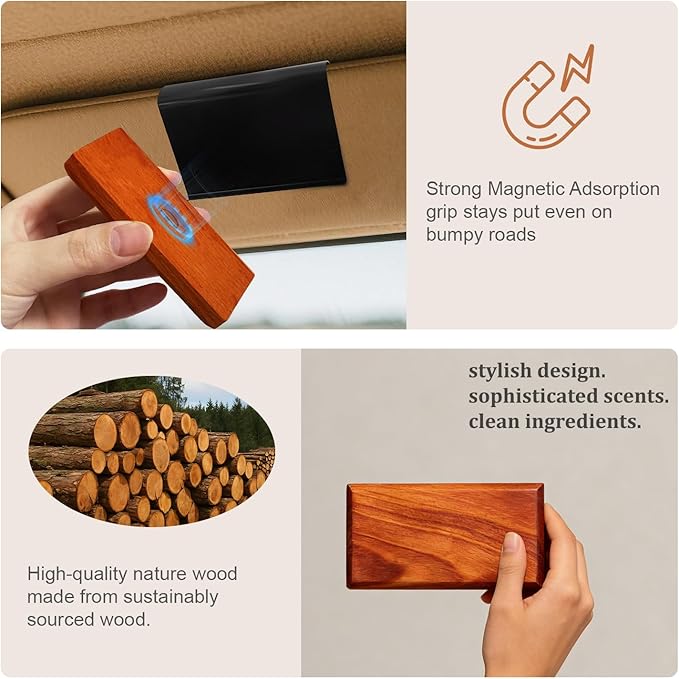Car Air Freshener Starter Kit, Long Lasting Wood Car Fresheners - Car Odor Eliminator for Visor Clip - CLIP INCLUDED - 3 Pack (Amber-Teak-Open Air)