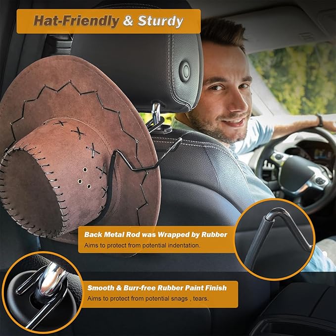 Cowboy Hat Holder Rack for Truck Car SUV Hard Hats Stand Western Accessories for Men Women Travel Automotive Seat Back Storage Organizer Hardhat Hanger with Hooks Gifts for Most Hats