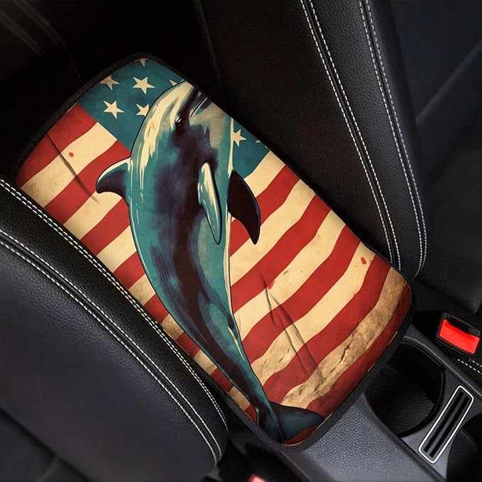 Car Center Console Pad, Universal Waterproof Car Armrest Seat Box Cover, Car Interior Accessories for Most Vehicle SUV Truck Vintage American Flag Dolphin Car Armrest Pad