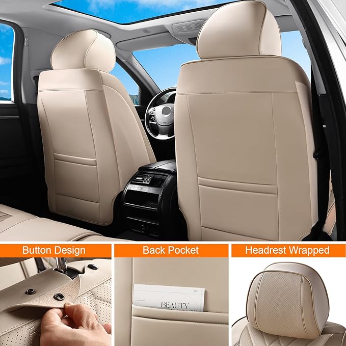 GEZHOUBA Car Seat Covers Full Set, Nappa Leather Seat Covers for Cars, Beige Car Seat Protector Waterproof, Car Seat Covers Front Seats and Back Fit for Most Cars SUVs Trucks