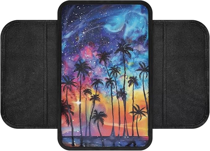Dreaweet Galaxy Palm Tree Print Car Center Console Cover Car Armrest Cover Car Console Covers with Pockets Universal Car Armrest Storage Box for Most Vehicles