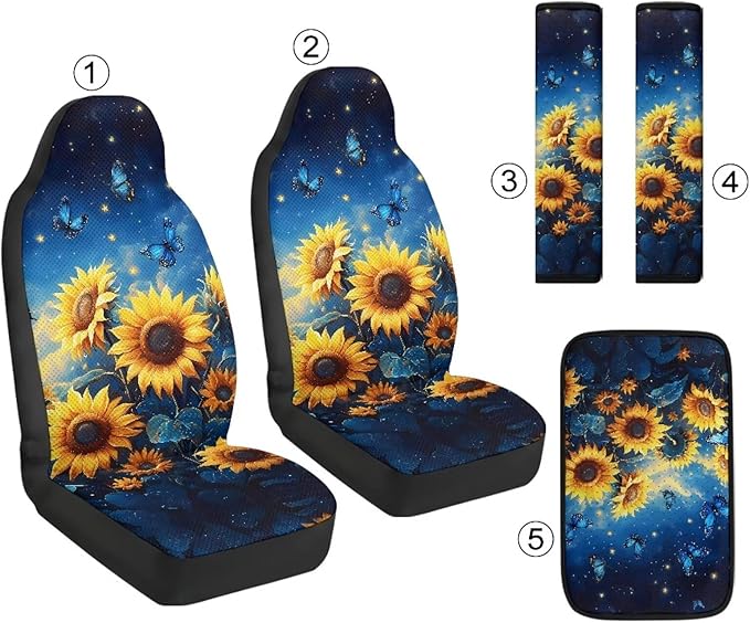 Qeluxign 5 Piece Car Accessories Set with 2 PU Leather Seat Covers, Sunflower Blue Butterfly 2 Belt Pads & 1 Armrest Cover Fit for Most Vehicles Easy Install & Clean