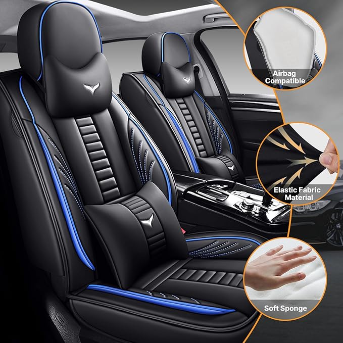 Pengchen Full Set of Universal Fit Automotive Seat Covers fit for Honda Crosstour 2012-2015, PU Leather Automobile Interior Sets with Headrest & Back Pillow Black & Blue Line