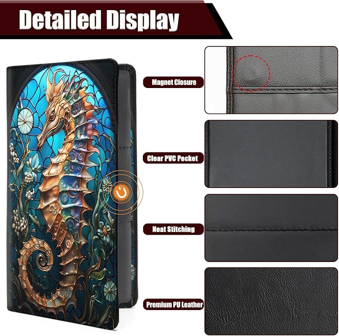 Car Registration and Insurance Holder, PU Leather Auto Document Holder for Men&Women, Vehicle Glove Box Compartment Organizer with Magnetic Shut for Driver's License, Vintage Seahorse Pattern