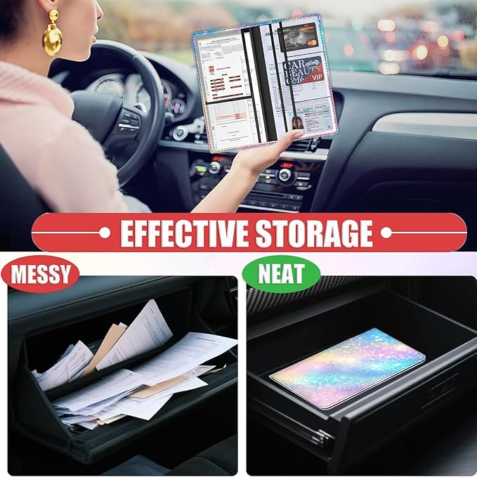 Car Registration Holder, Waterproof PU Leather Vehicle Card Document Glove Box Organizer, Women Interior Auto Accessories Case for Cards, Driver License Car Insurance Holder, Colorful Glitter Pattern