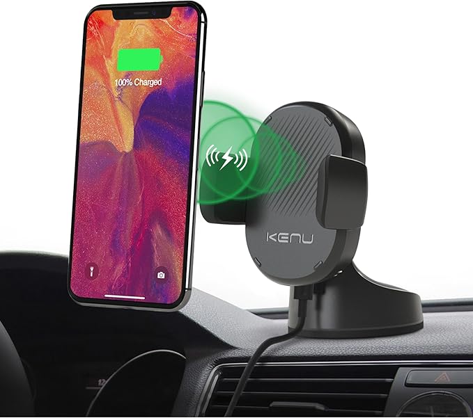 Kenu Airbase Car Phone Mount Wireless Charger - Windshield, Dashboard, Desk Phone Holder - Suction Cup and 360 Degree Pivot, Qi Fast-Charging - Use with Latest iPhones, Samsung and Androids