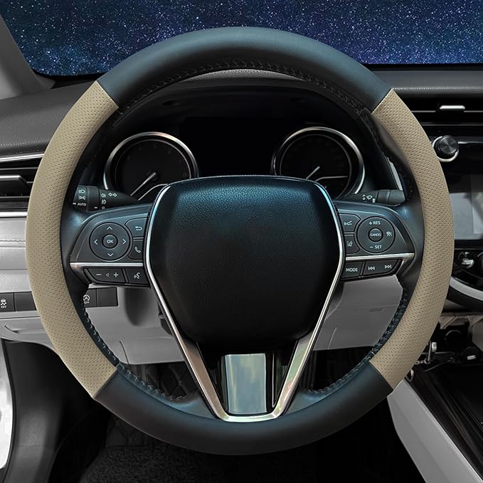 Mihecor Steering Wheel Cover Standard Size 14.5-15 inch, Non-Slip Car Wheel Cover Protector, Breathable Microfiber Leather, Black and Beige