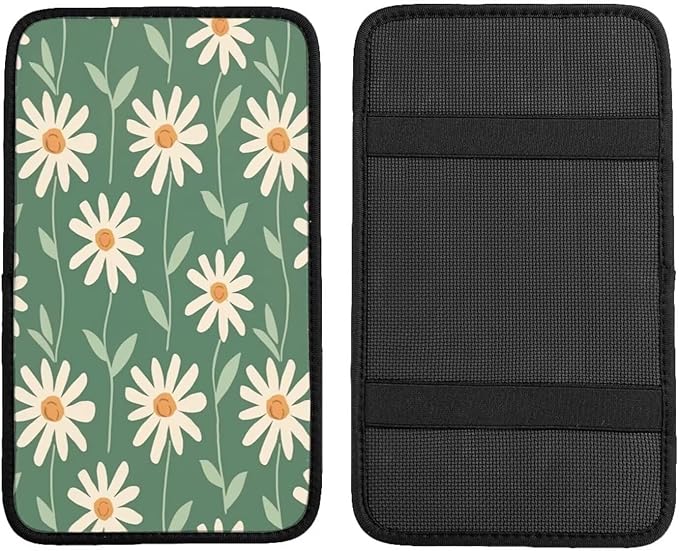 Car Center Console Cover Green Floral Hippie Armrest Seat Console Daisy Sage Green Armrest Lid Cover Arm Rest Covering for SUV Truck Van Sedans Middle Console Cover