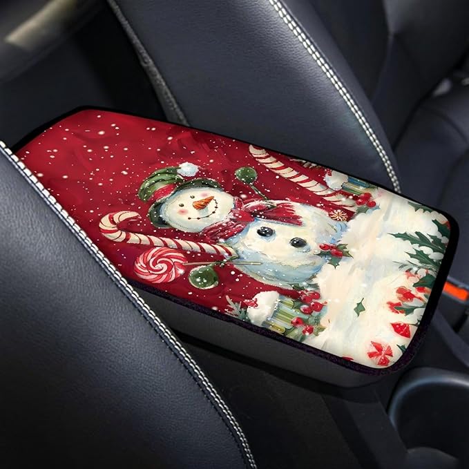 Horeset Christmas Snowman Candy Cane Universal Fit Auto Center Console Arm Rest Pad Car Armrest Seat Box Protection Fit SUV Sedan Truck