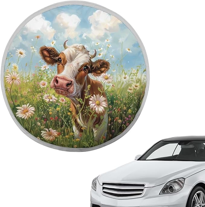Cow Grass Daisy Flower Pattern Steering Wheel Sun Shade Cover Keep Cool in Summer Steering Wheel Sun Shade Cooling Cover for Car Truck Van SUV Steering Wheels Accessories