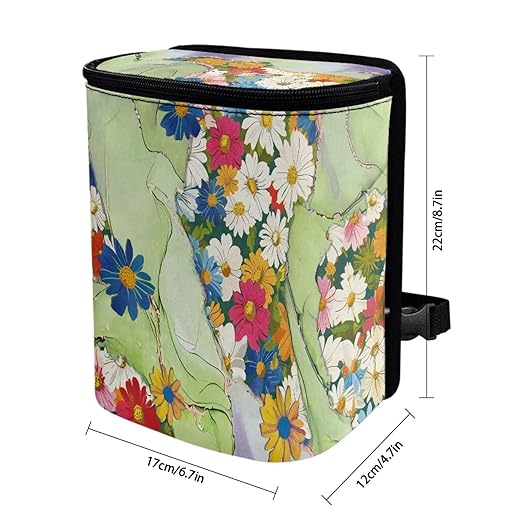 Hippie Flower Green Marble Car Trash Can Bin with Lid,Colorful Groovy Flower Hanging Automotive Garbage Cans Portable Waste Basket Automotive Interior Organizer Accessory