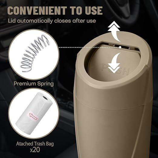 SGLRT Car Trash Can Bin with Lid - Car Garbage Can Cup Holder - Beige Mini Leakproof Vehicle Trash Garbage Can Bin with 20pcs Trash Bags-Car Organizers and Storage for Front Back Seat Accessories