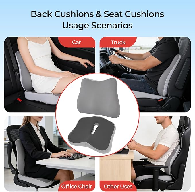 Car Seat Cushion & Lumbar Support Set, Memory Foam Seat Cushion for Long Sitting & Driving, Ideal for Truck Bus Van Drivers, Office Chair Cushion Set
