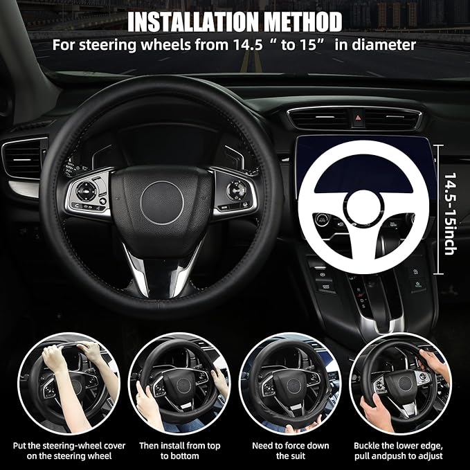 Leather Steering Wheel Cover, Anti-Slip, Safety, Soft, Breathable, Adaptable to 14.5-15 inches Steering Wheel Fit SUV Jeep Van Sedan, Car Steering Wheel Protector for Women Men,Classic Black