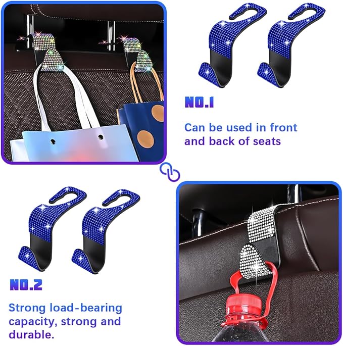 Bling Car Seat Headrest Hooks, 4PCS Crystal Rhinestone Vehicle Back Seat Hanger Holder for Handbags Purses Coats, Automotive Headrest Storage Organizer, Universal for RV SUV Truck (Blue)