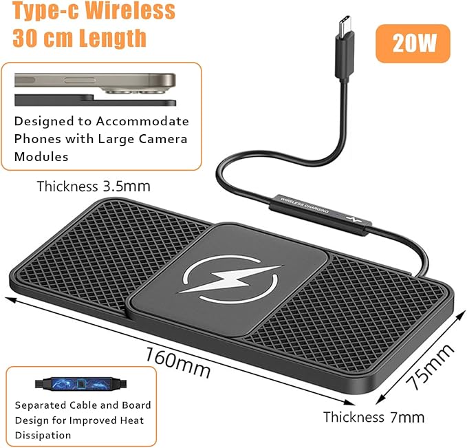 Wireless Car Phone Charger for Tesla Cybertruck Semi, Type C/USB 20W Fast Charging Pad, Non-Slip Charging Station for Travel Home Office Desk, Lightweight,Type-C