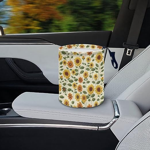 Brosoneto Sunflower Print Car Trash Can Portable Collapsible Back Seat, Front Seat, Floor, or Hanging Headrest Waste Basket Car Accessories Interior for Women