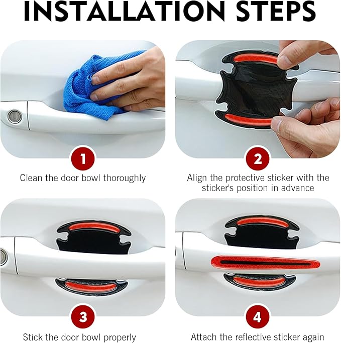 8 PCS Car Door Handle Protector Sticker, PVC Carbon Fiber Reflective Door Bowl & Handle Decoration Decal, Anti-Scratch Car Handles Sticker, Universal for Most Cars (Red)