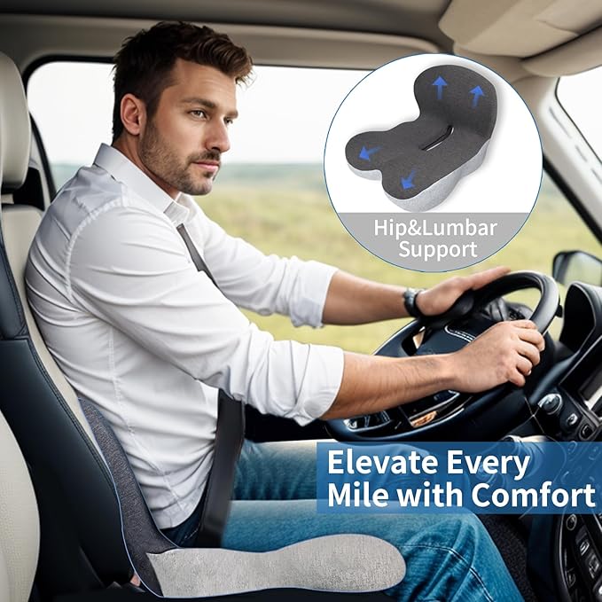 XZdream Memory Foam Seat Cushion,Office Chair Cushion with Lumbar Support for Back Pressure Relief, Car Seat Cushion with Adjustable Strap,Sciatica Pad Cushions for Car,Truck, Desk,Gaming Chair