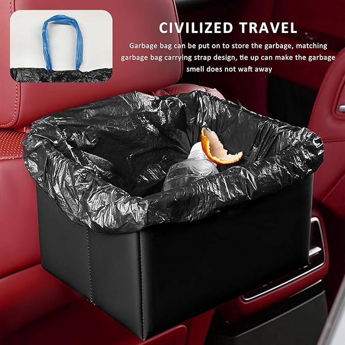 Car Trash Bin, Foldable Leather Auto Rubbish Can with Reinforced Bottom & Trash Bags, Waterproof Hanging Garbage Can Backseat Storage Box for Most Vehicles, Car Accessories (Black)