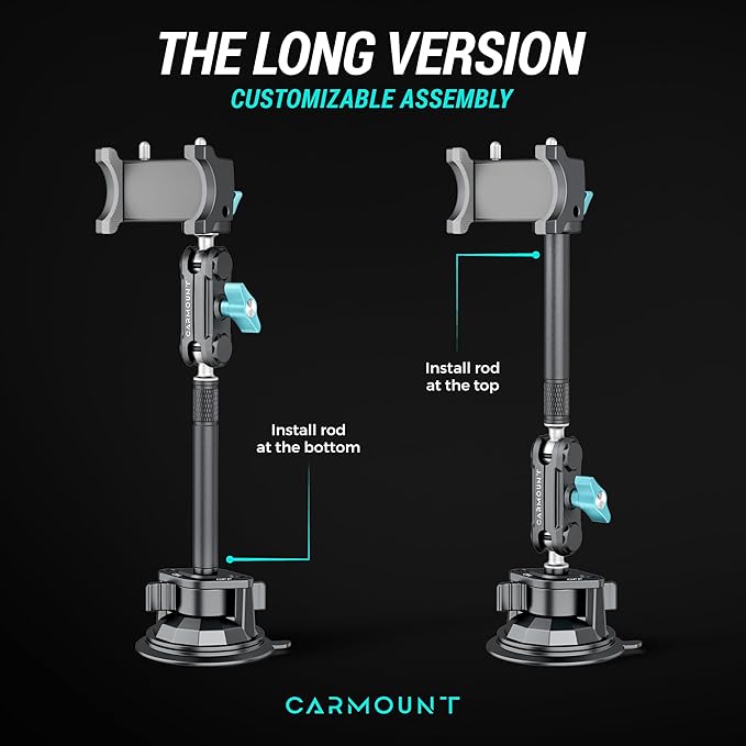 CARMOUNT TitanX100 Long – Truck Phone Mount – Heavy Duty Metal Phone Holder, Suction Cup Phone Mount for Car, Windshield Mount Cell Phone Holder for iPhone, Android, GPS & All Devices