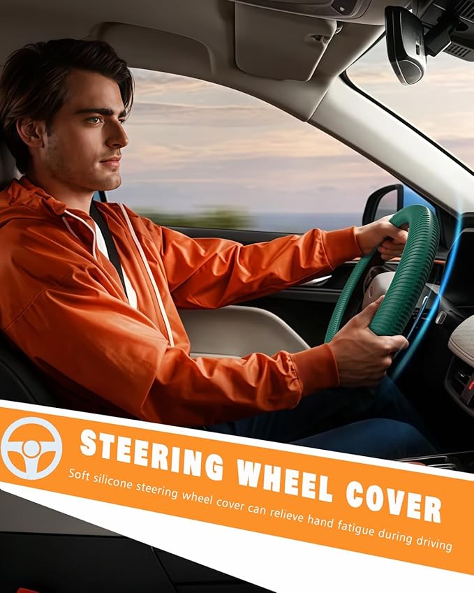 WOCOCN Car Steering Wheel Cover, Thin Anti-Skid Silicone Steering Wheel Cover for Men & Women, Universal Automotive Interior Accessories for Most Cars (Dark Green)
