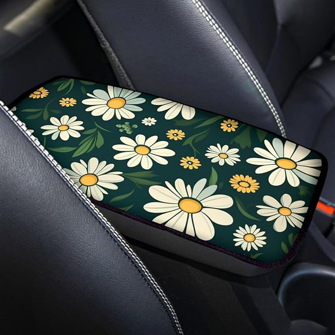 Daisy Car Armrest Cover Floral Print Armrest Seat Box Cover Protector for Car Breathable Water Proof Center Console Cover Universal for Most Car for Women Men Car Interior Accessories