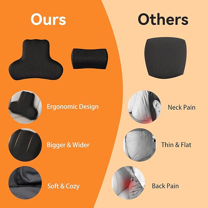 Car Lumbar Support & Neck Pillow Set, High-Density Memory Foam Headrest and Soft Back Pillow for Driving, Ergonomic Vehicle Back Support, Adjustable Vehicle Head Rest Pillow, Black Car Accessories