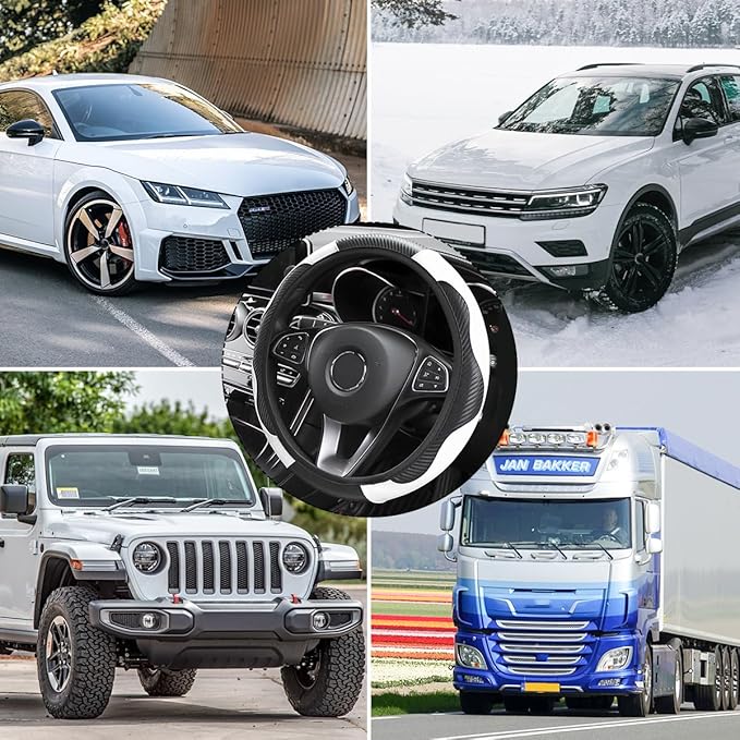 Car Steering Wheel Cover, 15 inch Carbon Fiber Microfiber PU Leather Elastic Steering Wheel Protector for Men Women, Anti-Slip Breathable Car Interior Accessories for Most Cars (Black/White)