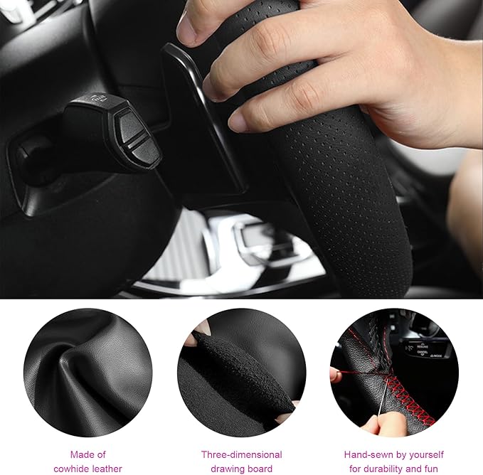 Ziciner Genuine Leather Steering Wheel Cover, Stitch on Wrap, Breathable Anti-Slip Car Steering Wheel Protector for Max Diameter 15 Inch, DIY Sewing with Needles Thread (Black/Red Line, Middle Hole)