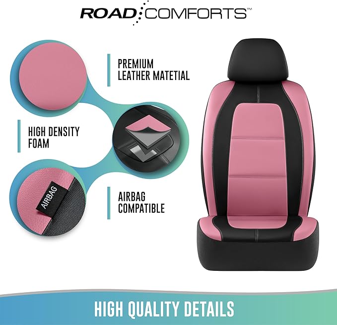 Road Comforts Car Seat Cover, Leather Car Seat Cover Full Set, Automotive Seat Covers, Airbag Compatible Universal Fit for Most Cars (Pink)