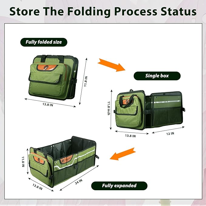 SugarFox Car Trunk Organizer for SUV, 70L Heavy Duty Waterproof Trunk Organizer, Foldable Vehicle Organizer with Anti-Slip Base, 24”x13.8”x11.8”, GREEN-M003