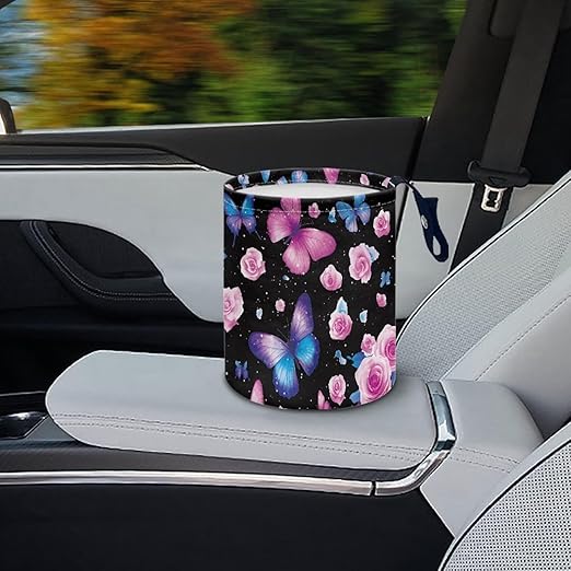 Brosoneto Butterfly Rose Car Trash Can, Waterproof Camping Trash Can, Car Interior Accessory for Back Seat, Front Console, Floor, or Hanging Headrest Waste Basket