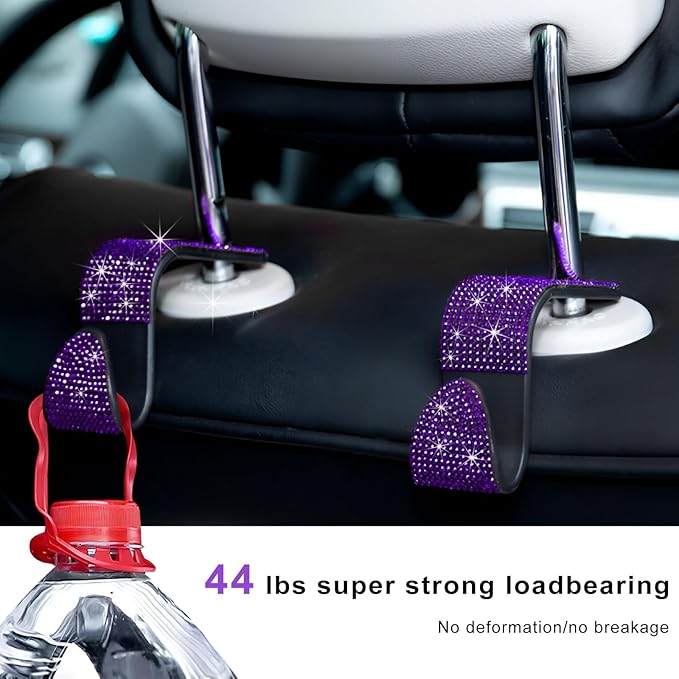 4 PCS Car Seat Headrest Hooks, Bling Crystal Rhinestone Back Seat Hanger Storage Organizer, Sparkly Seatback Holder Hooks for Purse and Bags Universal For Most Vehicles (Purple)