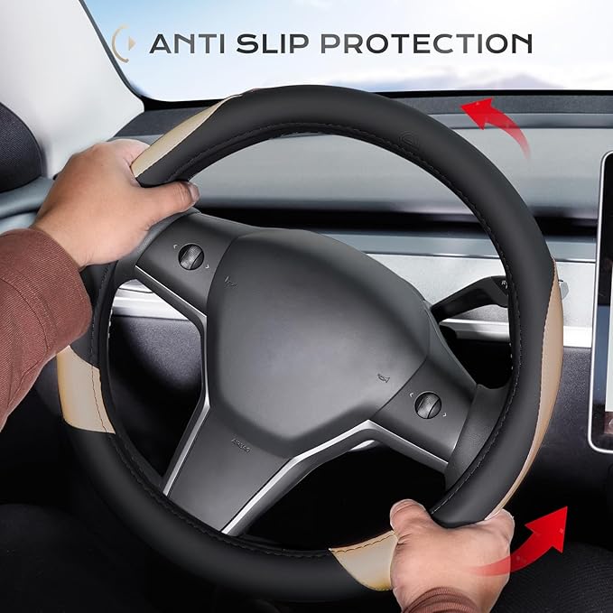 Coverado Car Steering Wheel Cover, Nappa Leather Black & Brown Steering Wheel Covers, Universal 14-15 inch, Anti-Slip, Breathable Steering Wheel Protector for Women Men