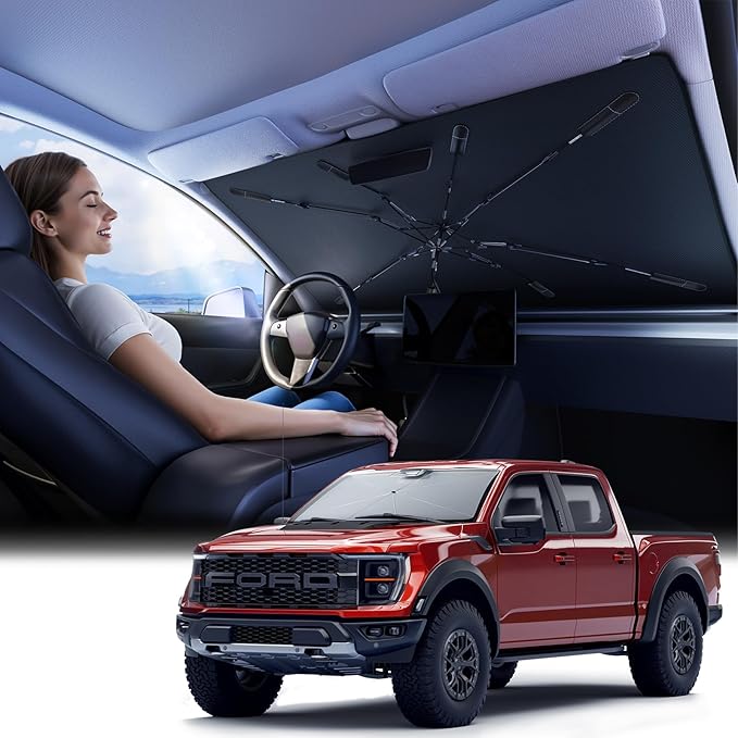 Nmoiss Windshield Sun Shade Umbrella for F150 - [Vinyl Coating Heat Shield] Protect Car from Sun Rays & Heat Damage Keep Cool and Protect Interior, Spring Structure Edge for F150
