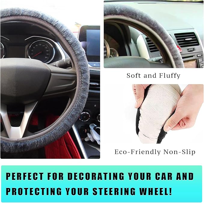 Ziciner Elastic Fuzzy Steering Wheel Cover, 15'' Soft Steering Wheel Protector for Warm Winter, Anti-Slip Fluffy Car Wheel Covers, Universal Car Interior Decor Accessories for Women Men (Gray)