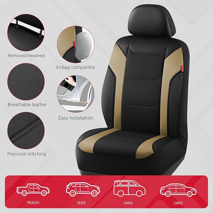 Rubbermaid Leather Car Seat Cover – Universal Front Seat Cover, Airbag Compatible, Easy to Install, Water-Resistant and Durable Automotive Seat Cover for Cars, Trucks, SUVs, Vans – Beige