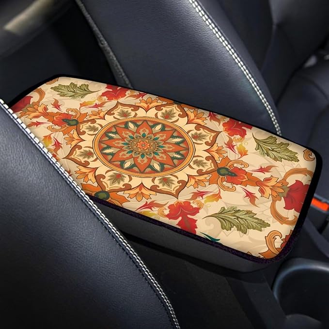 Universal Armrest Cushion Cover for Car Mandala Flower Print Car Center Console Armrest Cushion Pad Decorative Auto Interior Accessories, Easy to Install