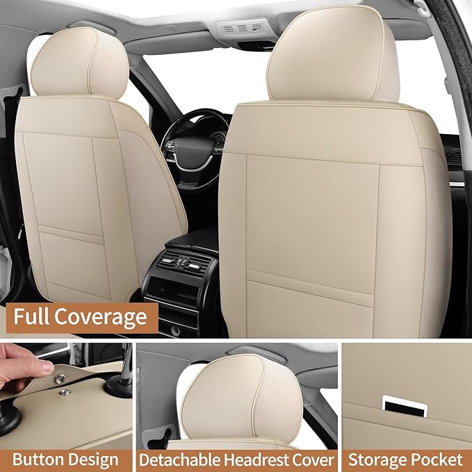 SCOMEE Beige Leather Car Seat Covers Full Set Breathable Seat Protectors Waterproof Automotive Seat Covers Universal Fit for Most Cars SUVs Trucks Vehicles