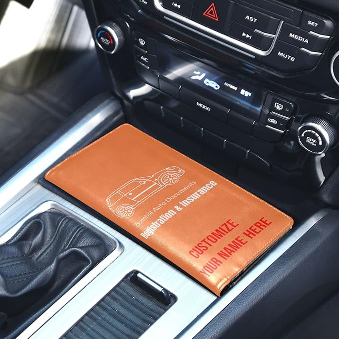 Custom Car Registration and Insurance Card Holder Personalized Leather Glove Box Organize Men Women Wallet Accessories Case for Cards, Essential Document Driver License Orange