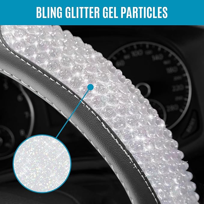 PIC AUTO Steering Wheel Cover, Glitter Gel Particles & Orange Luxury Leather Car Steering Cover, Universal Fit 14.5"-15.5" Anti-Slip Car Wheels Cover for Girls & Women