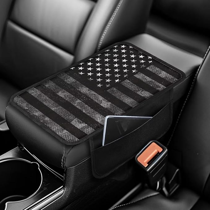 Boatee USA Flag Center Armrest Cover Dust-Proof Armrest Cover for Car Armrest Storage Box Mat Console Cover Automotive Armrests Comfortable Interior Protection with Pockets Black