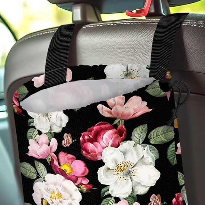 GEGEPINK Car Trash Bag Hanging Back of Seat Waterproof Small Cute Printed One-handed Strap Drawstring Garbage Bags for Car-Black Floral
