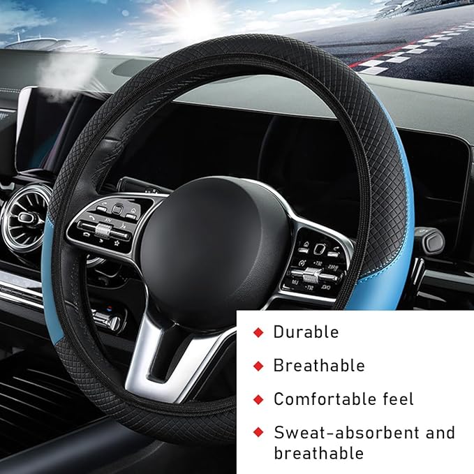 Car Steering Wheel Cover, 15 Inch Leather Breathable Auto Steering Wheel Protector, Comfortable Non-Slip Vehicle Steering Wheel Covers, Universal Interior Car Accessories (Black+Blue, AD)