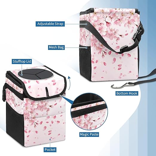 GVGHIDZ Car Trash Can – Multi-Purpose, Lightweight and Portable with Durable Water-Resistant Coating, No Installation Required, Practical and Ample Capacity, Variety of Colors.Cherry Blossom Pattern