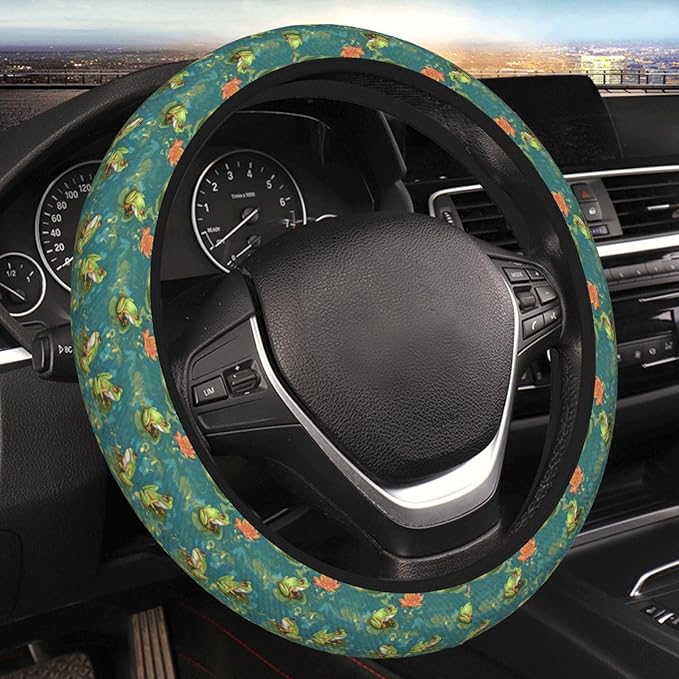 Frog On Lotus Leaf Steering Wheel Cover for Women Men Girls, Car Accessories Decor Thickened Anti-Slip Auto Steering Wheel Covers Protector Universal Fit 15 Inch for Cars, Truck, SUV