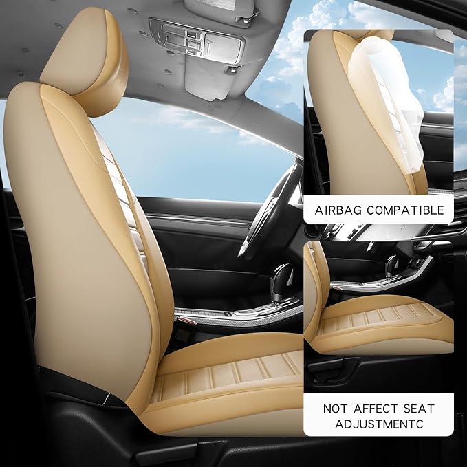 crossmiles Faux Leather Car Seat Covers Full Set, Foam Seat Cover for Car, Universal Car Seat Protector with Waterproof and Breath Fit for Cars, Trucks, SUV, Vans (Beige-Striped)