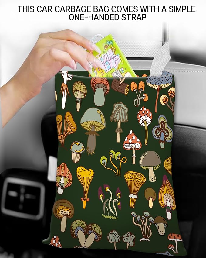 Car Garbage Can, Hanging Car Trash Can Bag for Cute Car Back Seat Organizer, Green Boho Mushrooms