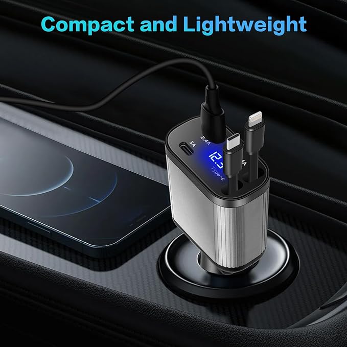 Retractable Car Charger, 4-in-1 Fast Charging with Dual Retractable Cables, USB-C and USB-A Car Adapter for iPhone 17 16 15 14 13 Pro Max, Samsung Galaxy, Pixel, Android Devices